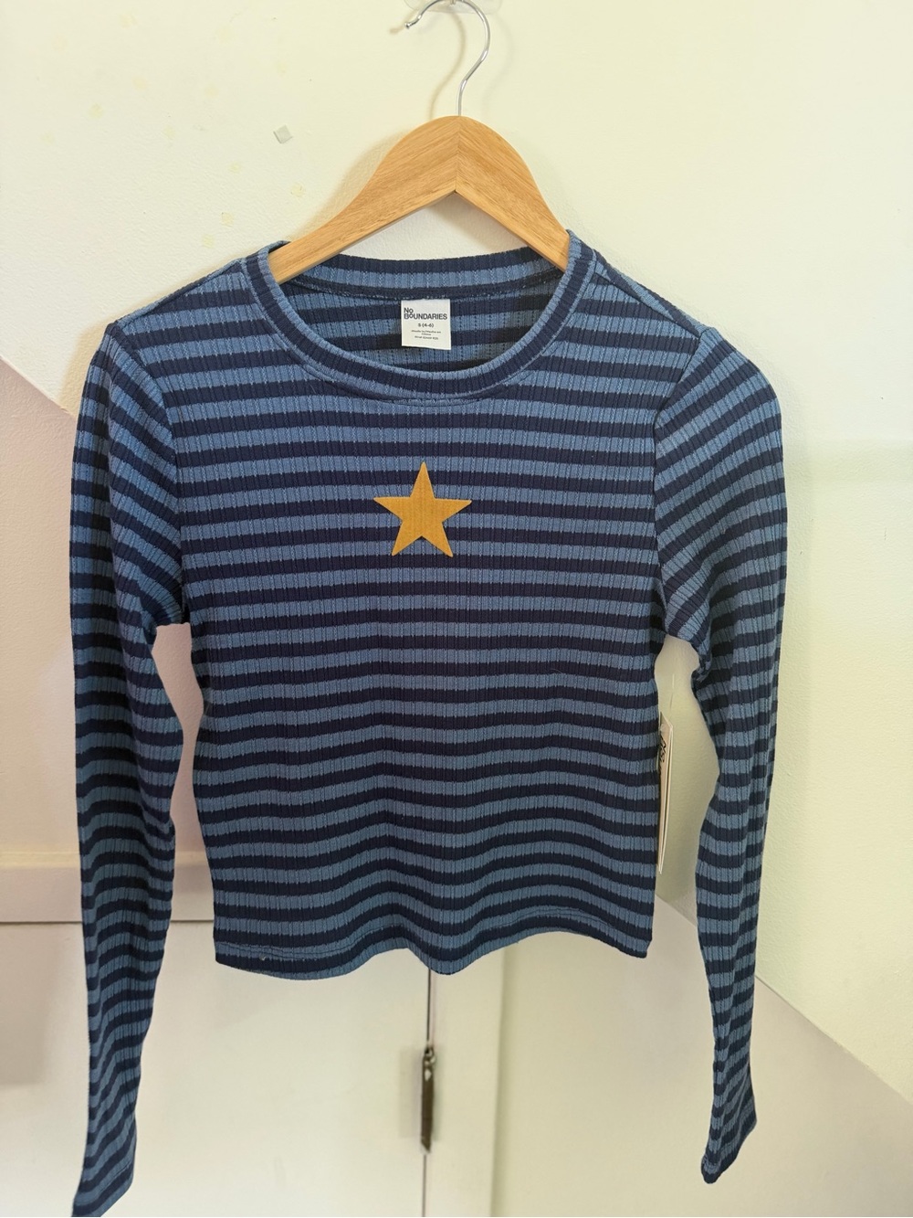 No Boundaries Navy and Light Blue Striped Long-Sleeve Top with Gold Star